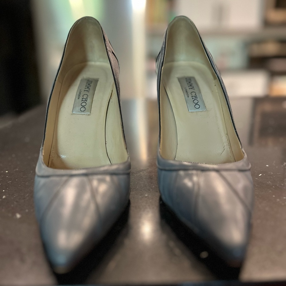 Jimmy Choo Gray with Black Trim Heels with Pointed Toe